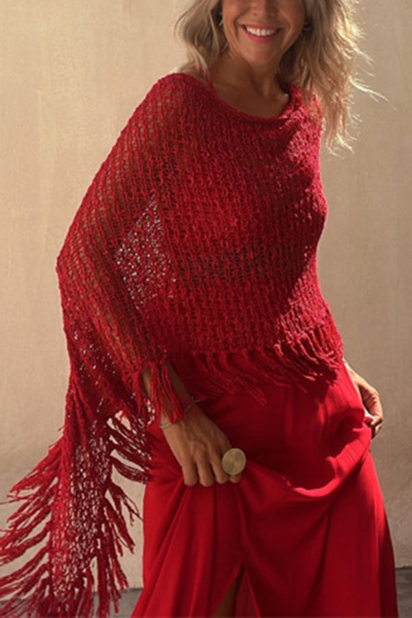 Sunset Breeze Tassel Knit Cover-Up with Hollow-Out Design