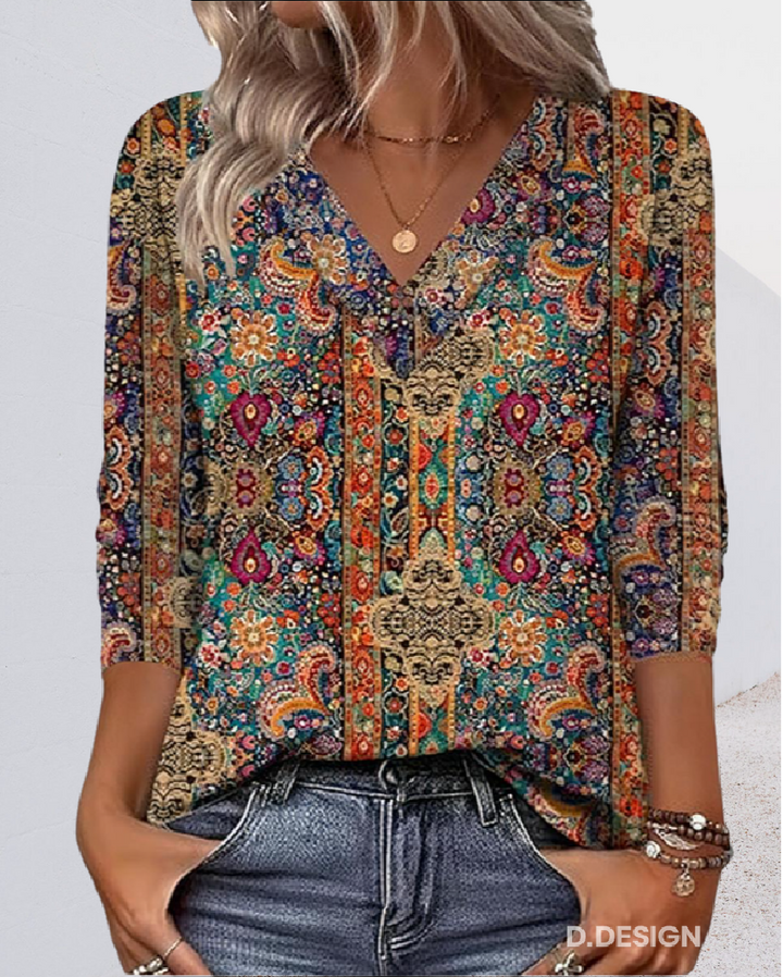 Emilia™ - Retro Printed V-Neck Blouse