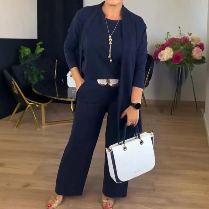 Chic 3-Piece Ensemble: Long Cardigan, Top, and Trousers