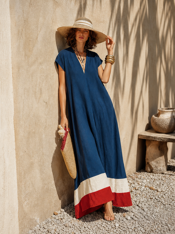 Women's Maxi Dress with V-Neck and Short Sleeves