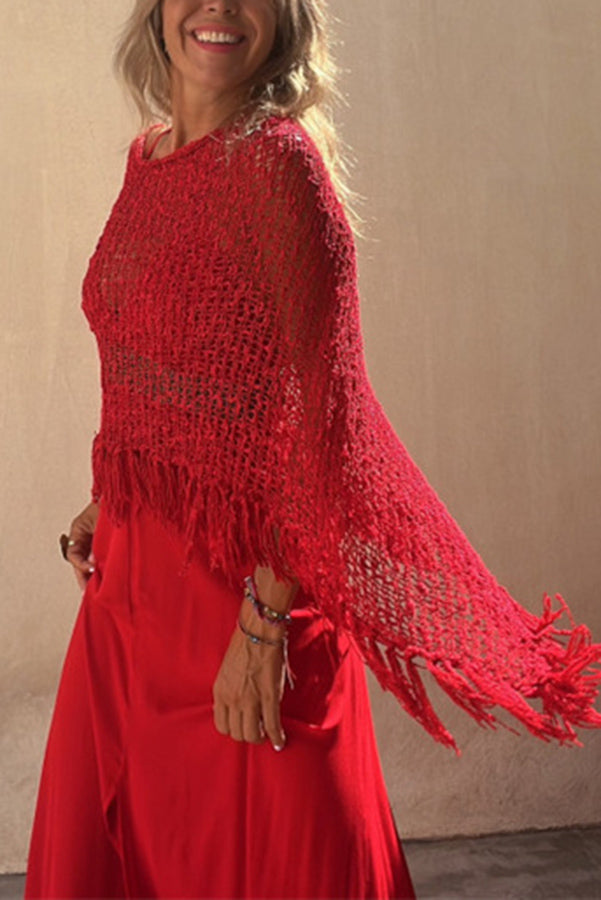Sunset Breeze Tassel Knit Cover-Up with Hollow-Out Design