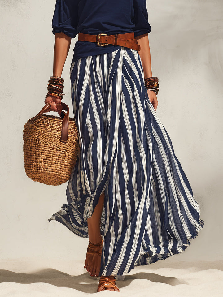 Navy Blue Off-the-Shoulder Nautical Top with Striped Chiffon Slit Skirt Set