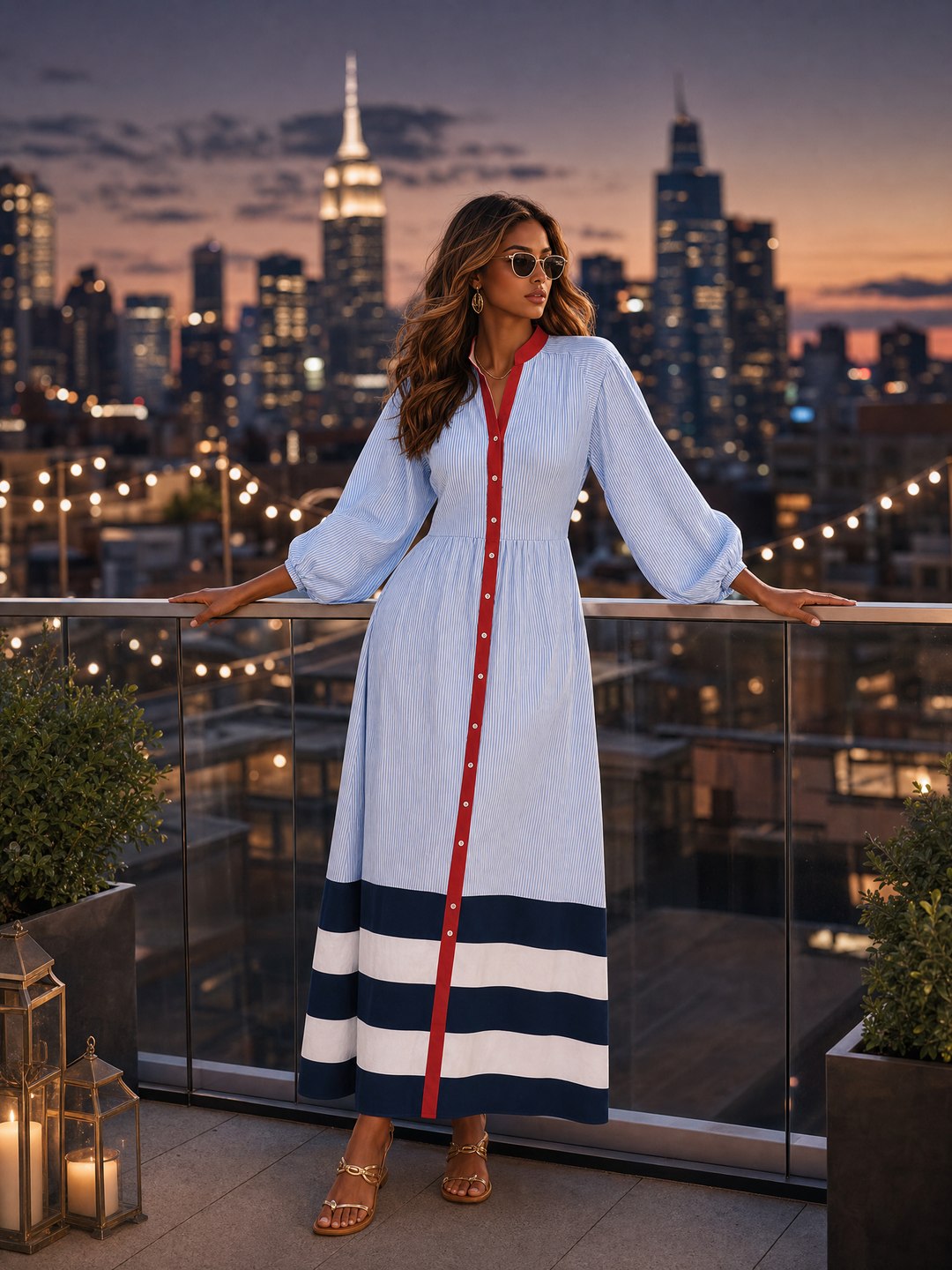 Women's Stand Collar Long Sleeve Striped Midi Dress with Buttons