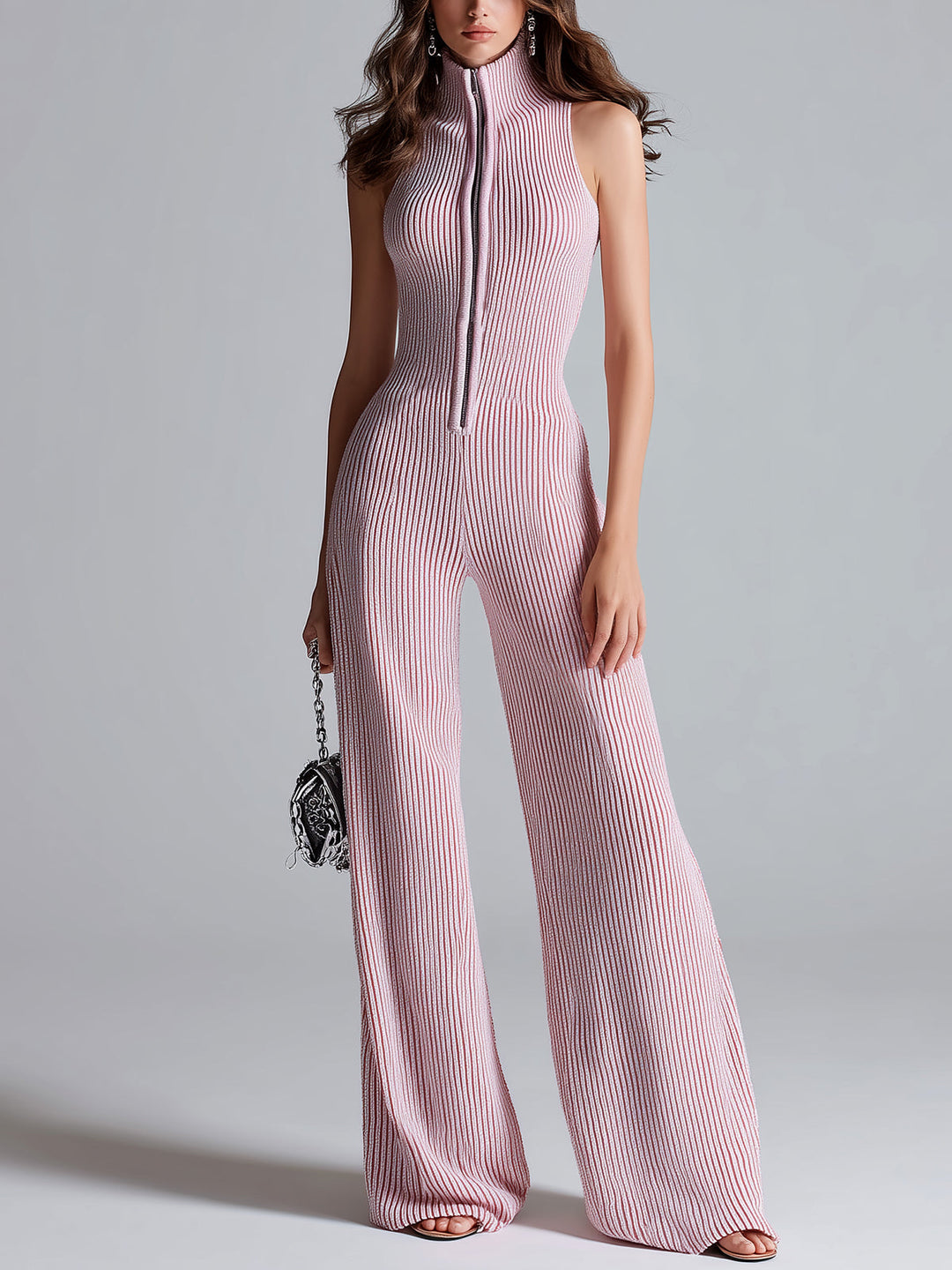 ElevenOra Stylish Pink Sleeveless Jumpsuit with Stand Collar, Zipper Front, Tailored Waist, and Wide Leg Ribbed Knit Design