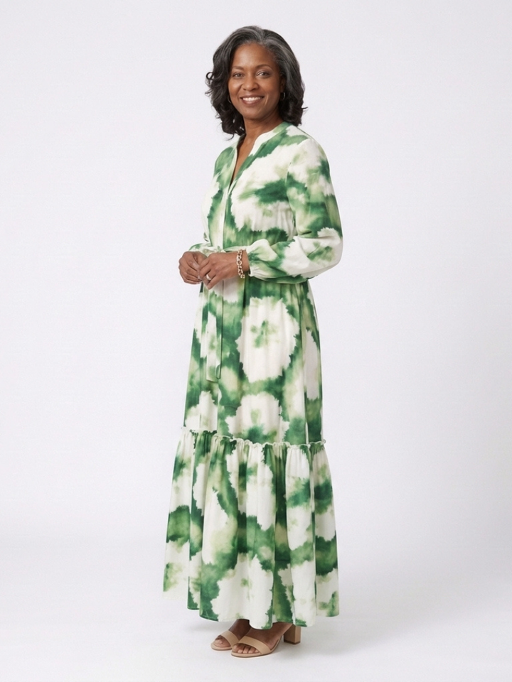 Sabine | Women's Relaxed Long Sleeve Tie Waist Tiered Maxi Dress