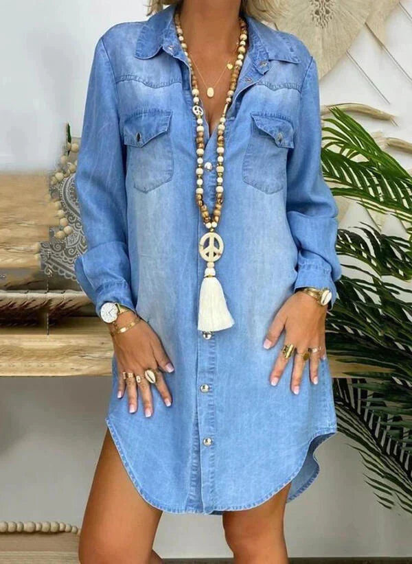 Jasmine™ - Trendy Long Sleeved Denim Shirt Dress