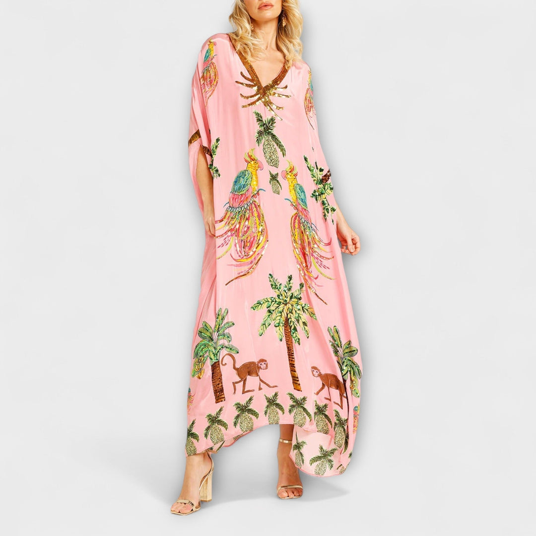 Linda - Gorgeous Dress Featuring Asymmetrical Shoulders and Tropical Coconut Tree Print