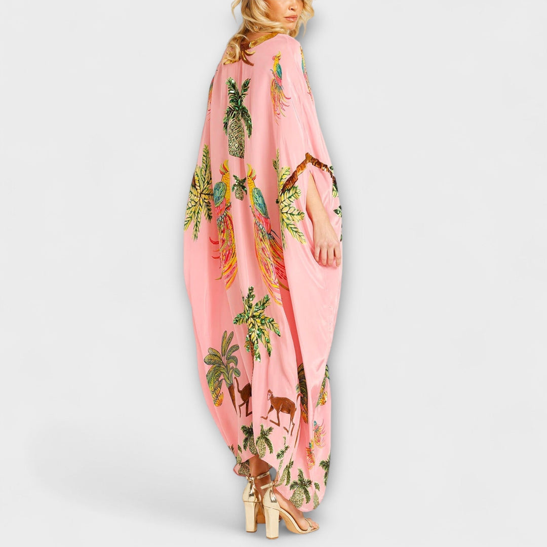 Linda - Gorgeous Dress Featuring Asymmetrical Shoulders and Tropical Coconut Tree Print