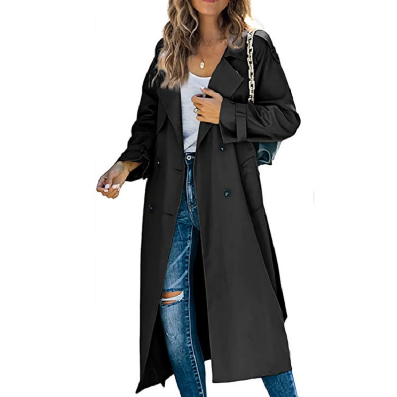 Women's Longline Trench Coat with Buttons and Long Sleeve