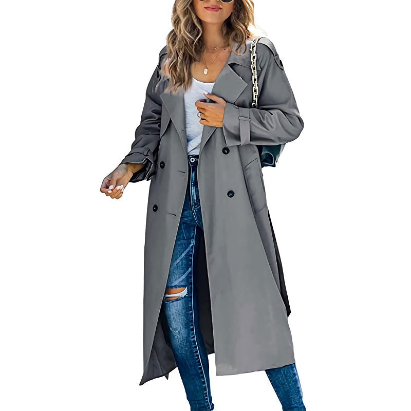 Women's Longline Trench Coat with Buttons and Long Sleeve