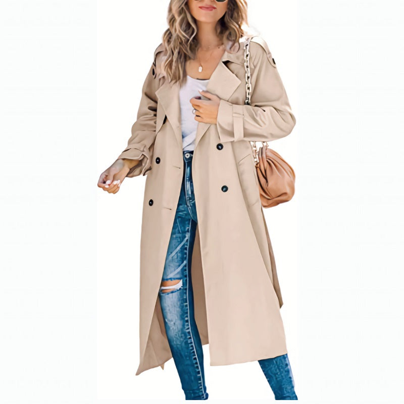 Women's Longline Trench Coat with Buttons and Long Sleeve
