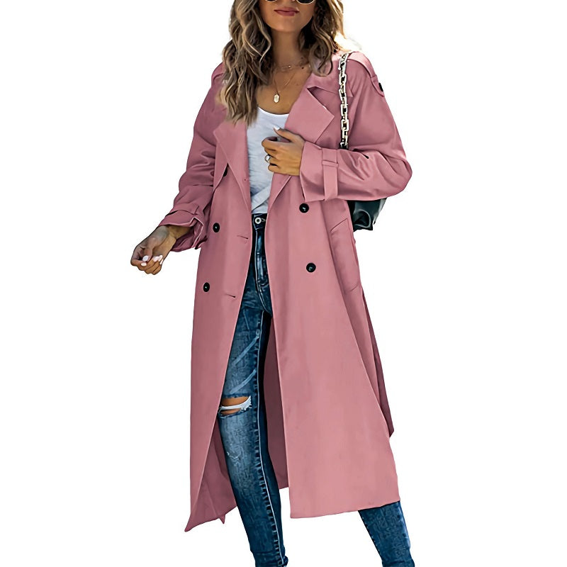 Women's Longline Trench Coat with Buttons and Long Sleeve