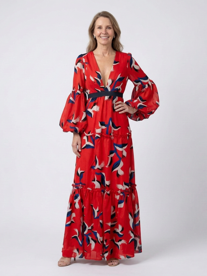 Isolde | Women's V Neck Tie Waist Long Sleeve Maxi Dress