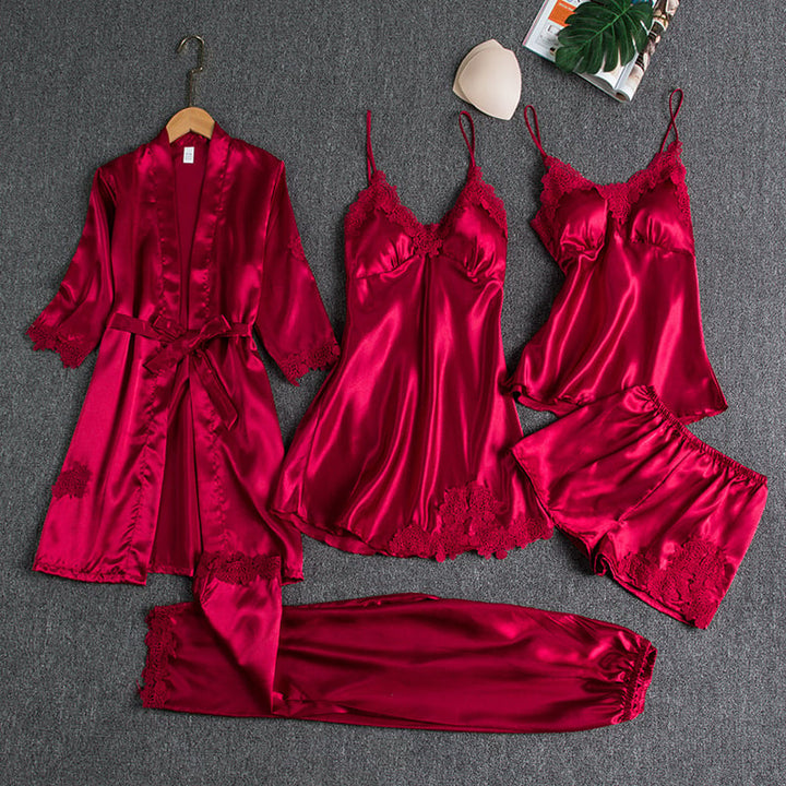 Elegant Women's Ice Silk Nightdress Set - 5 Pieces