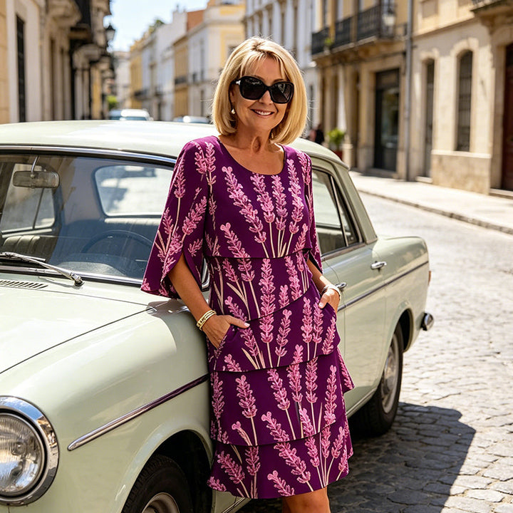 Elyvane™ - Women's Floral Ruffled Dress with Mid-Length and Split Sleeves
