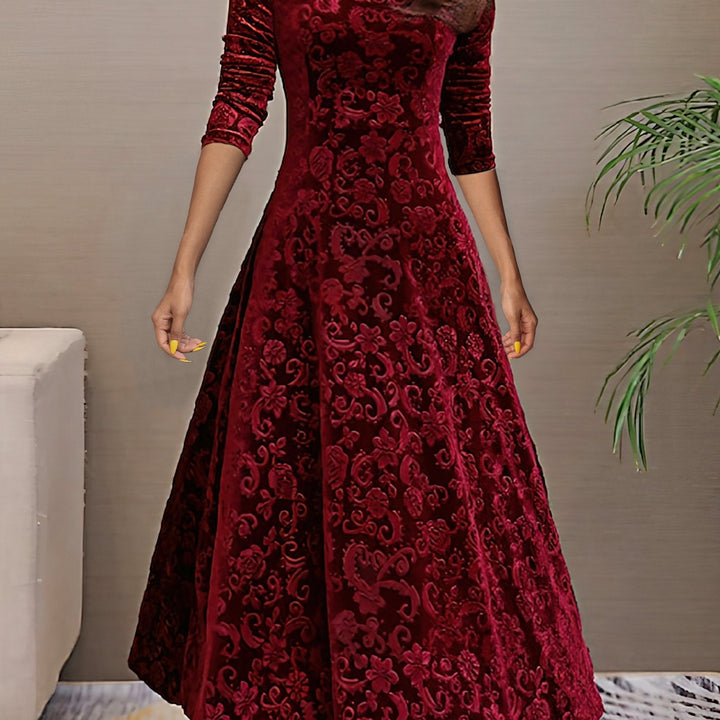 Nancy | Women's Luxe Holiday Midi Dress with V-Neck and Long Sleeve