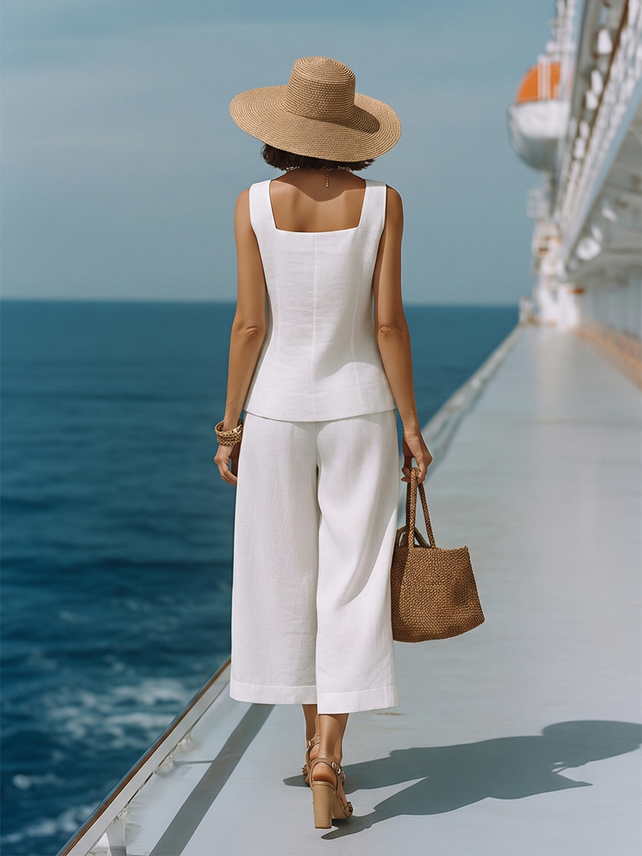 Timeless White Cotton-Linen Square Neck Top with Matching Capri Pants Set