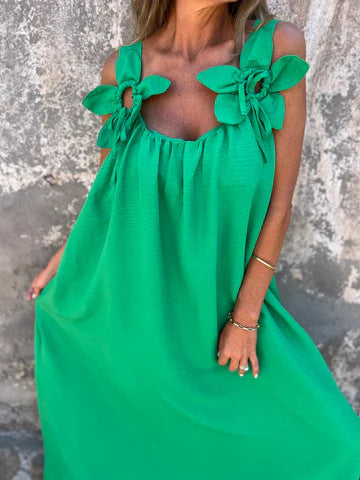 Floral Pattern Women's Dress with U-Shaped Neckline in Solid Color
