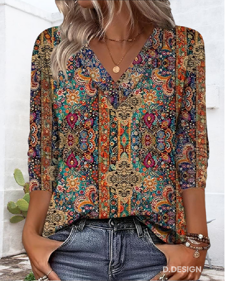Emilia™ - Retro Printed V-Neck Blouse