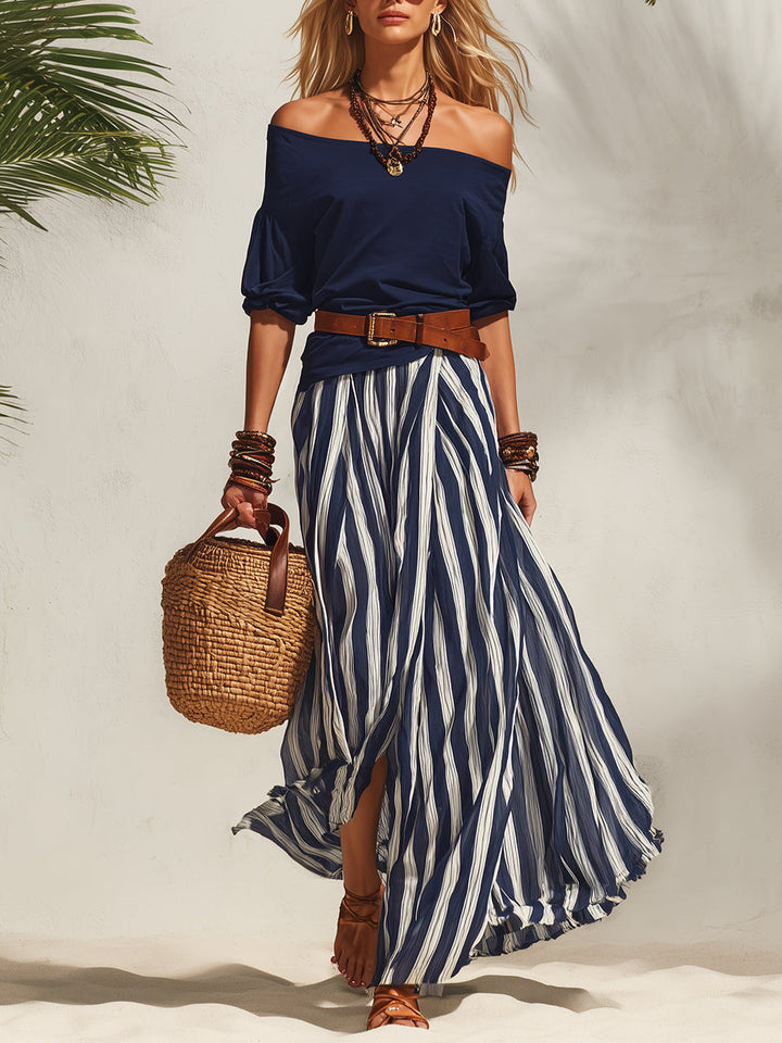 Navy Blue Off-the-Shoulder Nautical Top with Striped Chiffon Slit Skirt Set