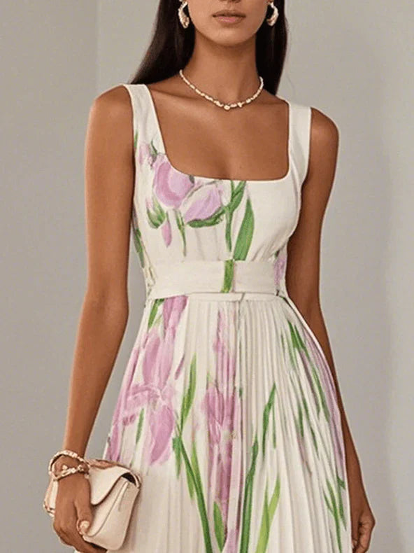 Nina - Women's Long Floral Pleated Dress