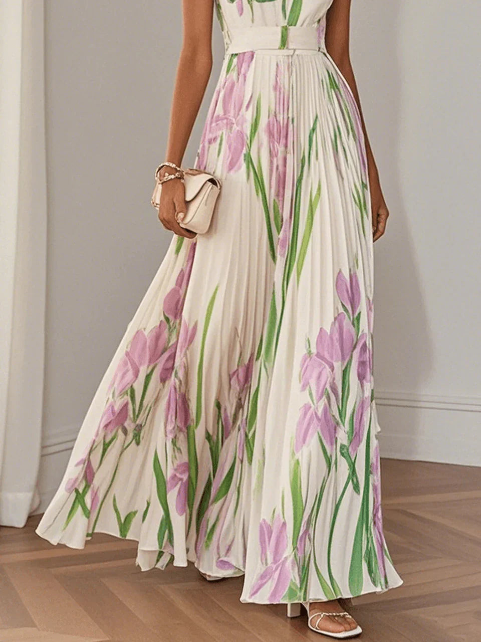 Nina - Women's Long Floral Pleated Dress