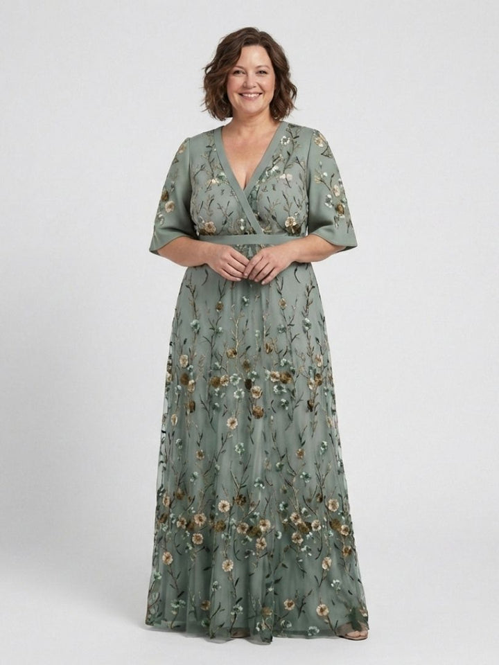 Evadne | Women's Floral Embroidered V Neck Maxi Dress