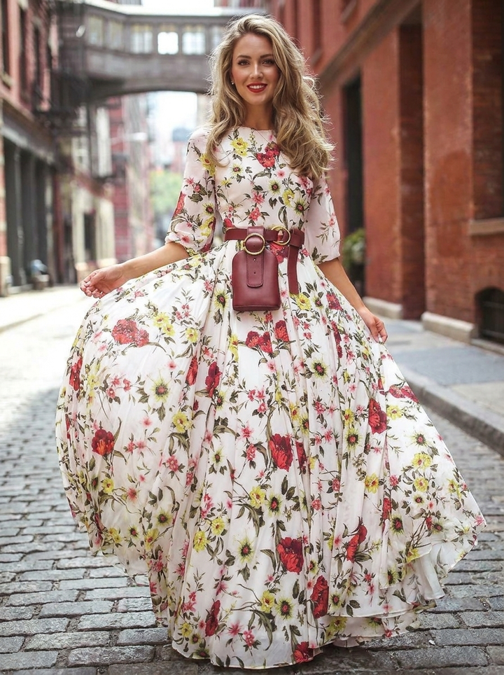 Odelia | Round Neck Three Quarter Sleeve Belted Maxi Dress