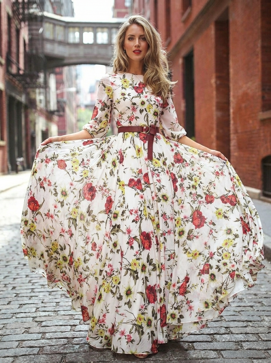 Odelia | Round Neck Three Quarter Sleeve Belted Maxi Dress