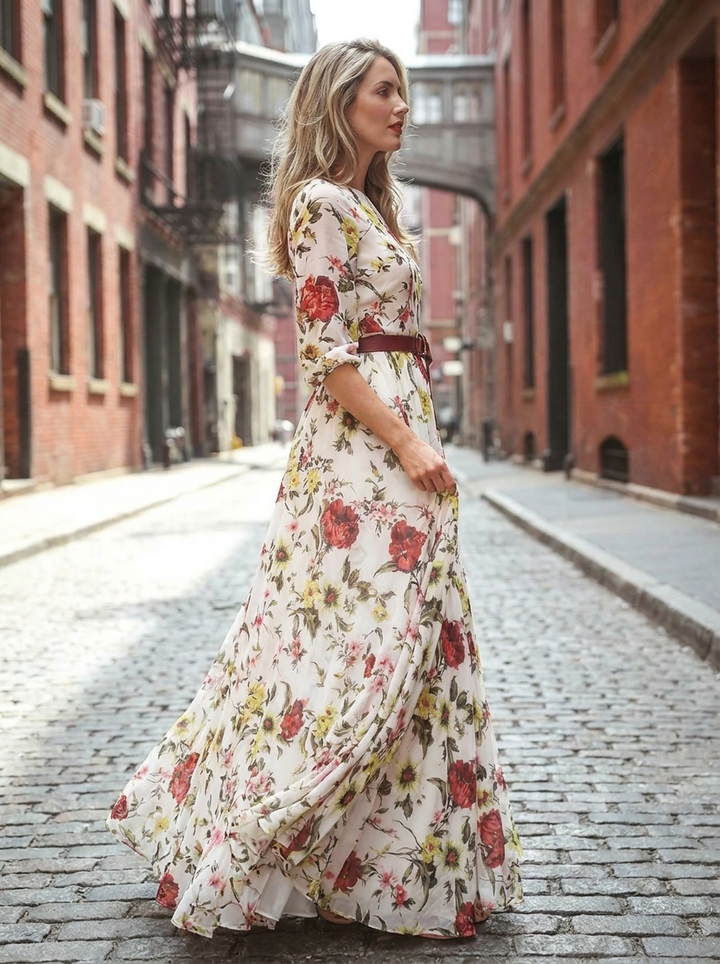 Odelia | Round Neck Three Quarter Sleeve Belted Maxi Dress