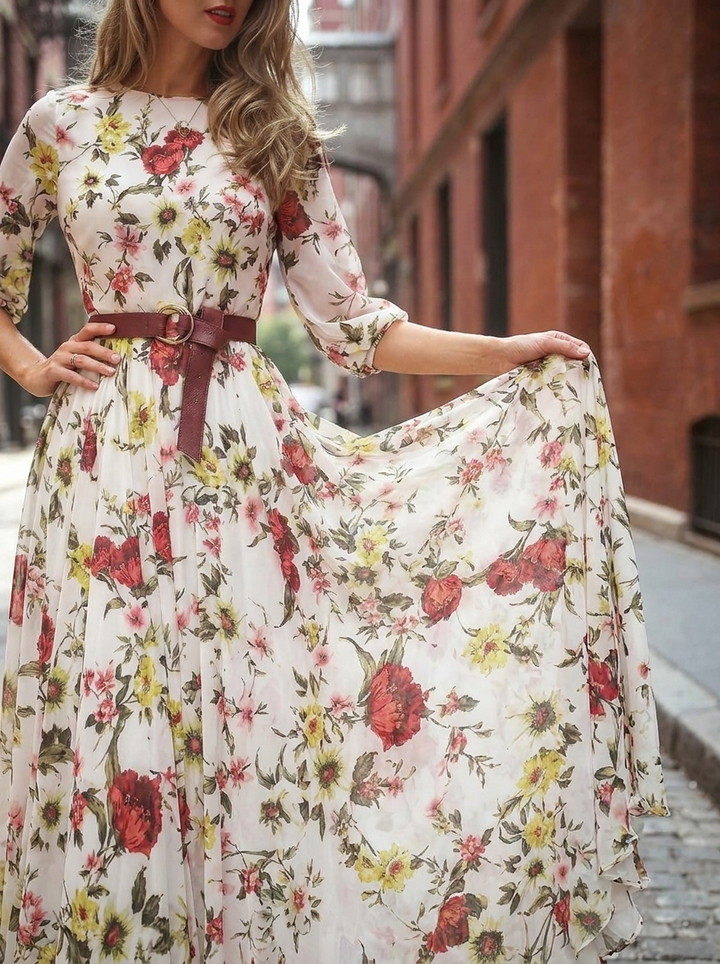 Odelia | Round Neck Three Quarter Sleeve Belted Maxi Dress