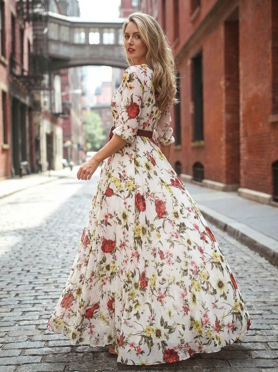 Odelia | Round Neck Three Quarter Sleeve Belted Maxi Dress