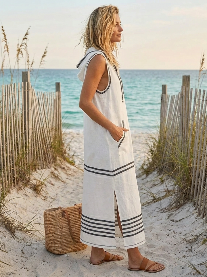 Women's Striped Sleeveless Hooded Maxi Dress, Ideal for Sailing Getaways
