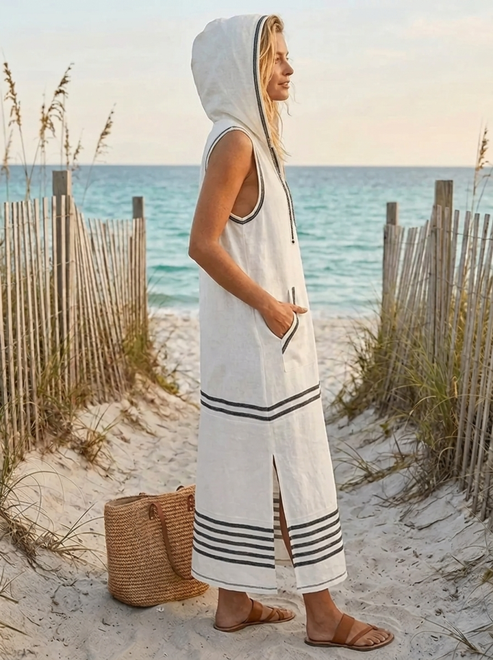 Women's Striped Sleeveless Hooded Maxi Dress, Ideal for Sailing Getaways