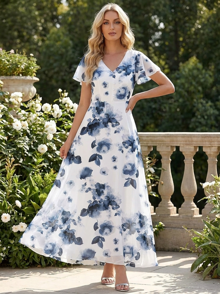 Denise | Women's Midi Dress with Floral Wrap Waist and Ruching