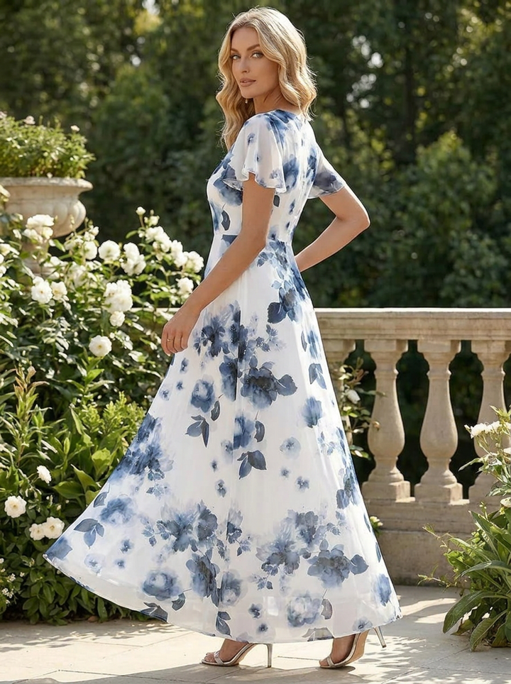 Denise | Women's Midi Dress with Floral Wrap Waist and Ruching