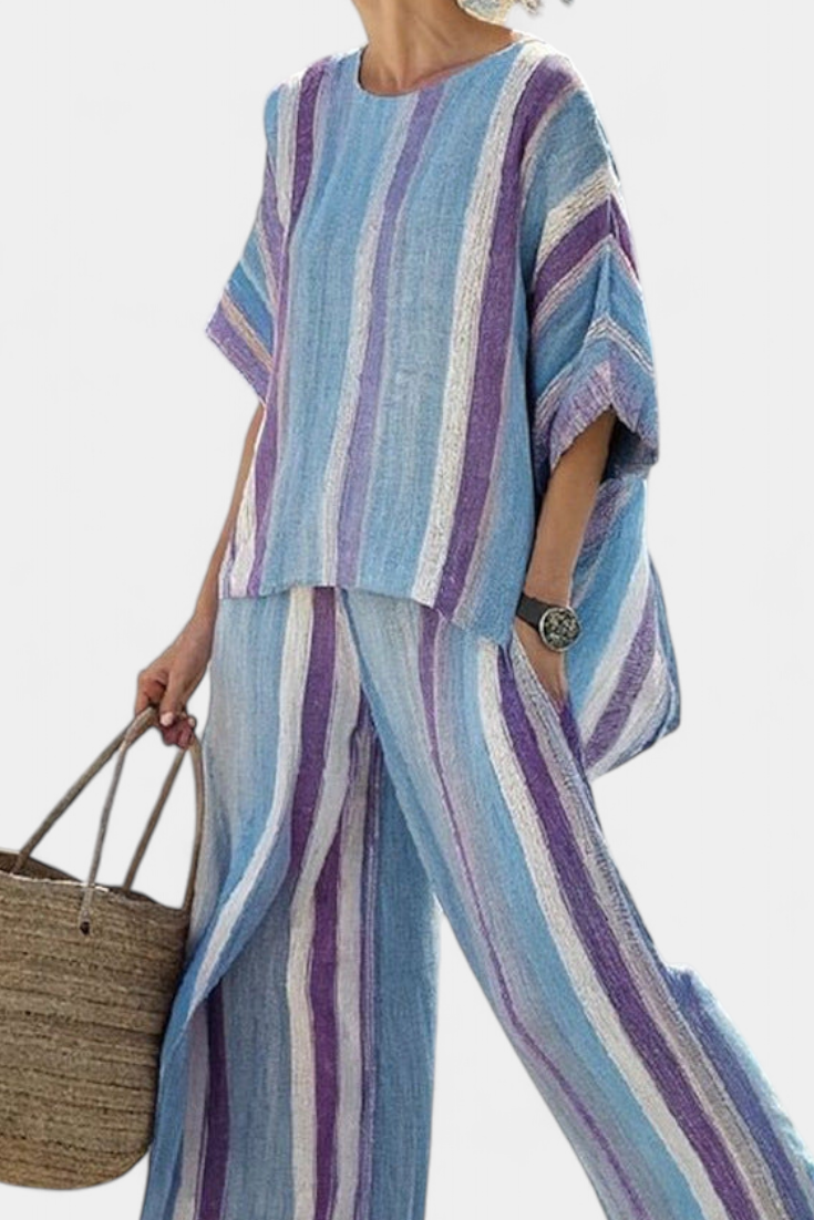Ginevra – elegant mauve pastel top and striped linen trousers