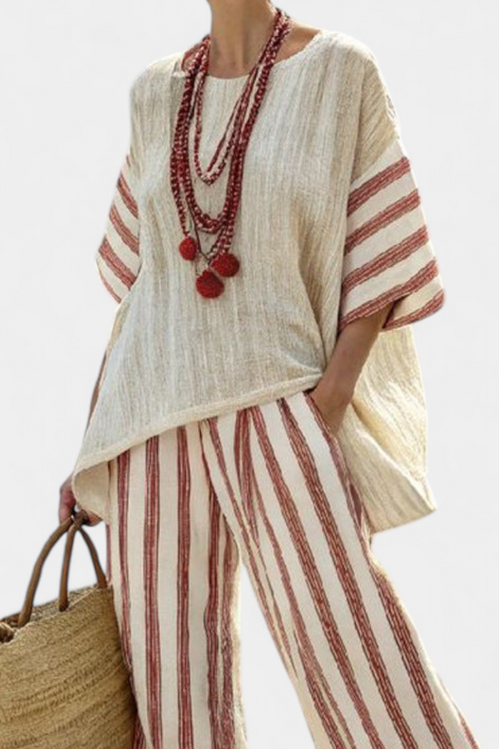 Rosalinda | Women's elegant rustic striped top and cream trousers