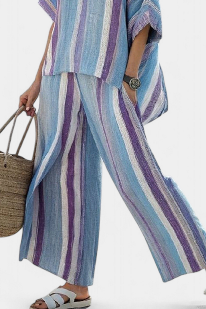 Ginevra – elegant mauve pastel top and striped linen trousers