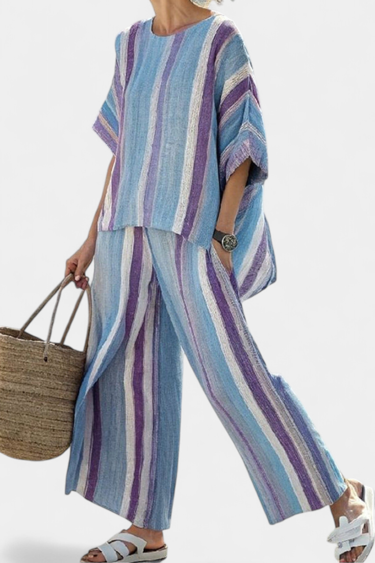 Ginevra – elegant mauve pastel top and striped linen trousers