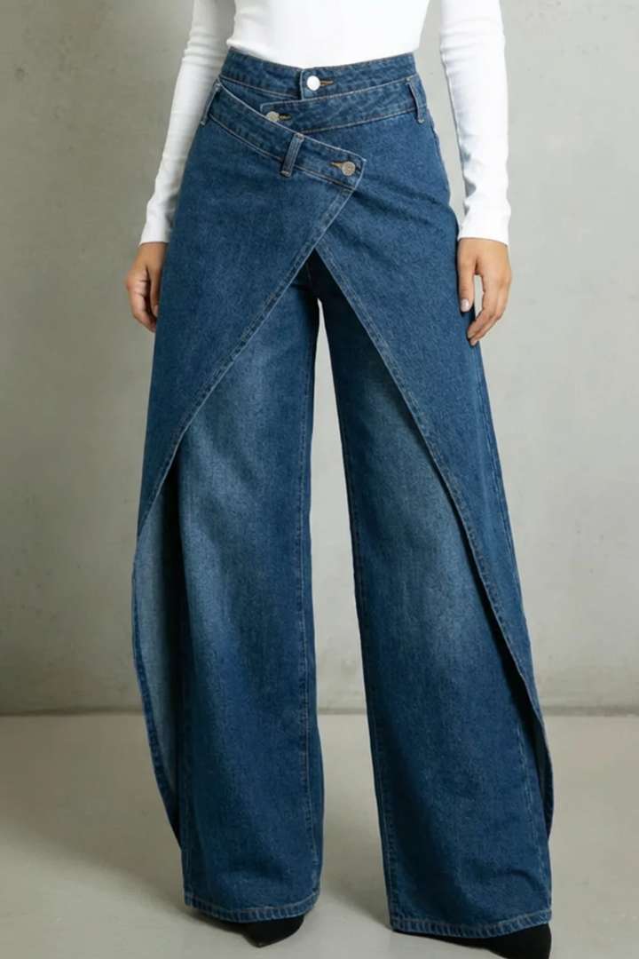 Vintage-Inspired High-Waisted Denim Jeans with Ruffled Hem and Tie-Waist