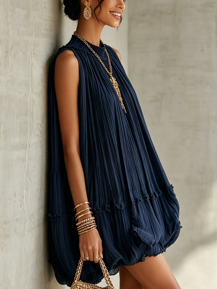 Women's Round Neck Mini Dress with Ruffles