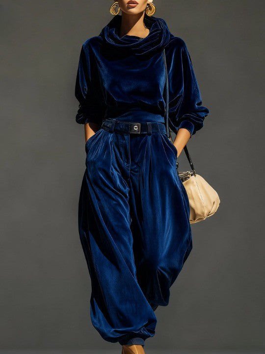 Retro Brown Velvet Hoodie and Relaxed Trousers Set (Belt Included)