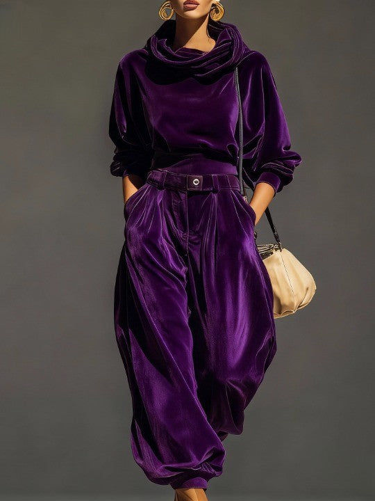 Retro Brown Velvet Hoodie and Relaxed Trousers Set (Belt Included)