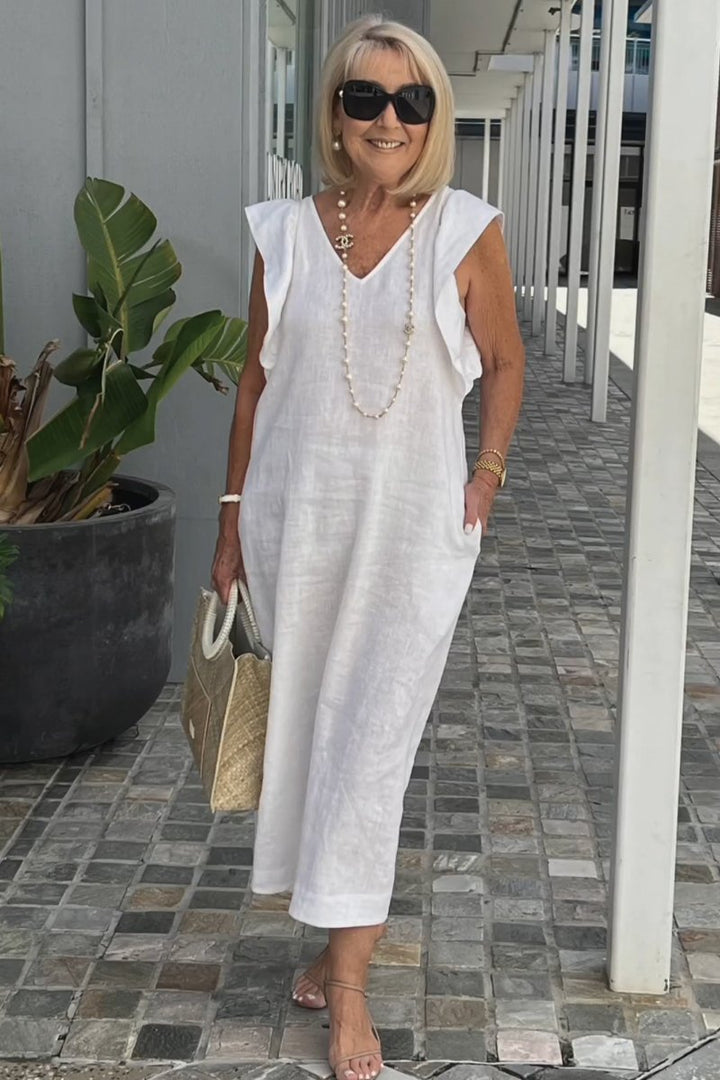 Roselyn | Women's Effortless Charm Midi Dress with Pockets and Ruffle Detail