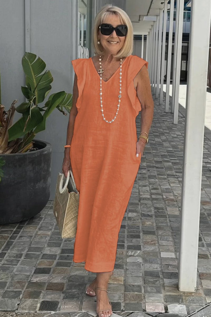 Roselyn | Women's Effortless Charm Midi Dress with Pockets and Ruffle Detail