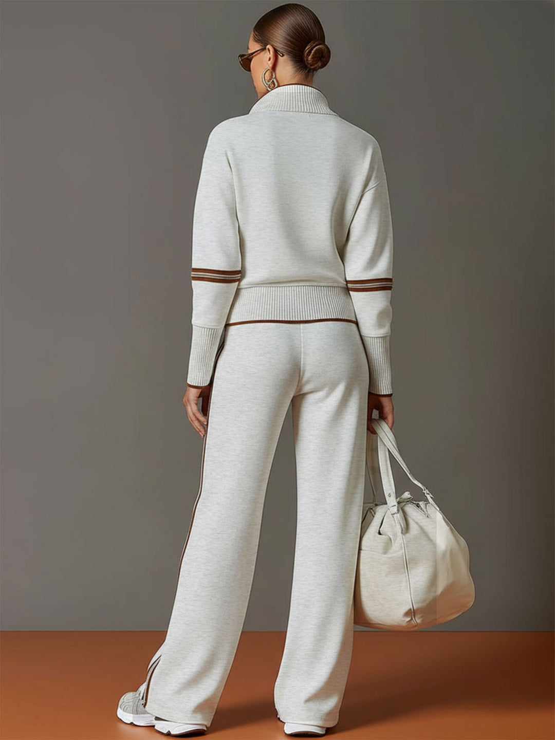 Vintage-Inspired Grey and White Half-Zip Sweatshirt with Wide-Leg Trousers Set