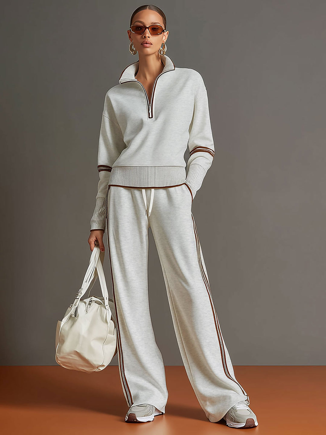 Vintage-Inspired Grey and White Half-Zip Sweatshirt with Wide-Leg Trousers Set