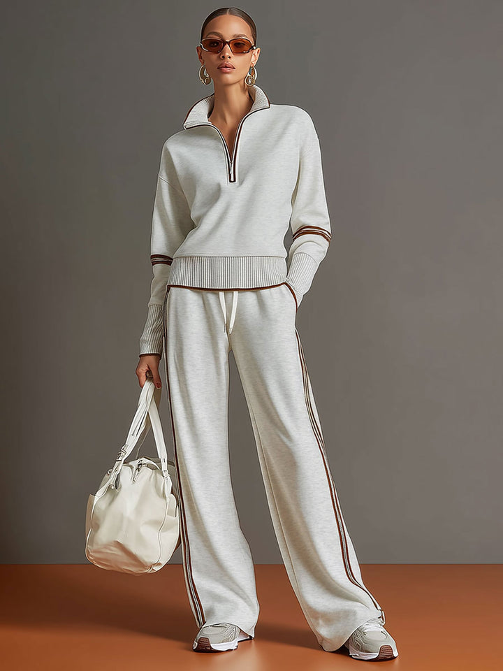 Vintage-Inspired Grey and White Half-Zip Sweatshirt with Wide-Leg Trousers Set