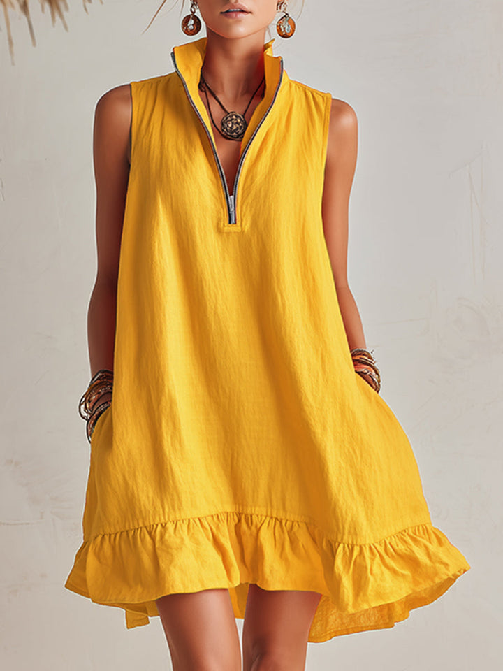 Bright Orange Linen Half-Zip Mini Dress with Ruffled Hem and Stand-Up Collar